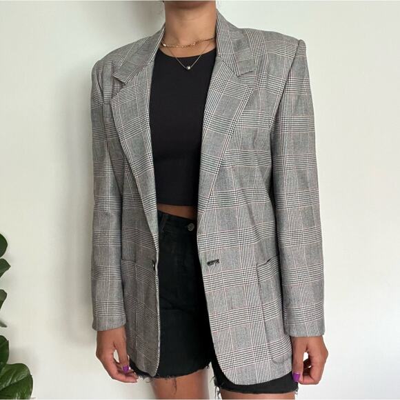 Rafaella Houndstooth Plaid Blazer Sz 10 Gray Red Wool Blend Business Casual Prep - Picture 1 of 13